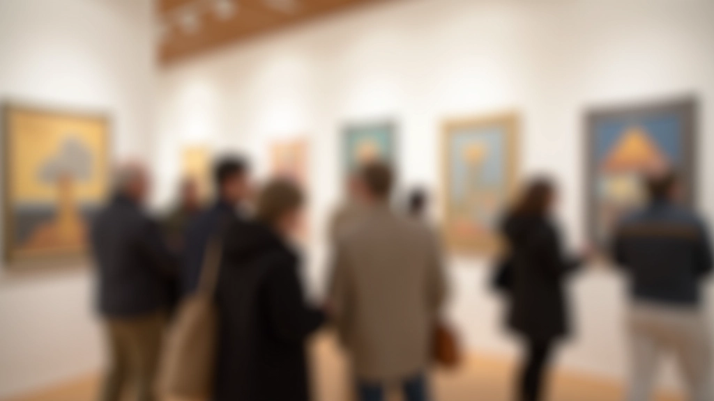 Gallery wall with three abstract paintings in earth tones and blues, visitors studying artworks at a respectful distance