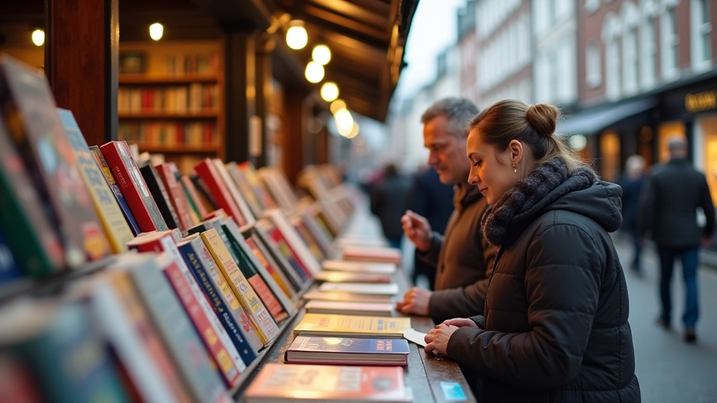 Galway literary festival bookstall with displays of author books and readers browsing selections in crowded marketplace
