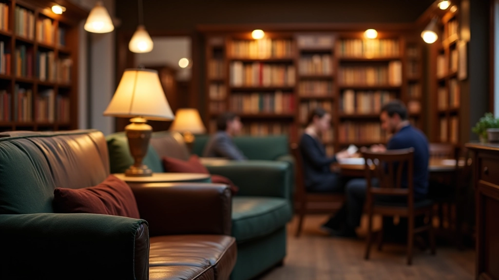 Cozy literary festival venue with comfortable seating, bookshelves, and warm lighting for author readings and discussions