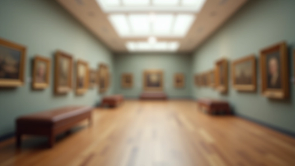 Empty museum gallery with soft natural light from skylights, benches facing artwork, peaceful contemplative space