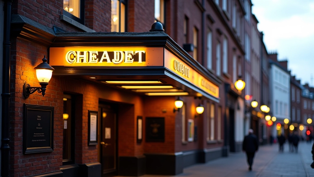 Exterior of brick theater building with lit marquee sign, evening light, street-level entrance
