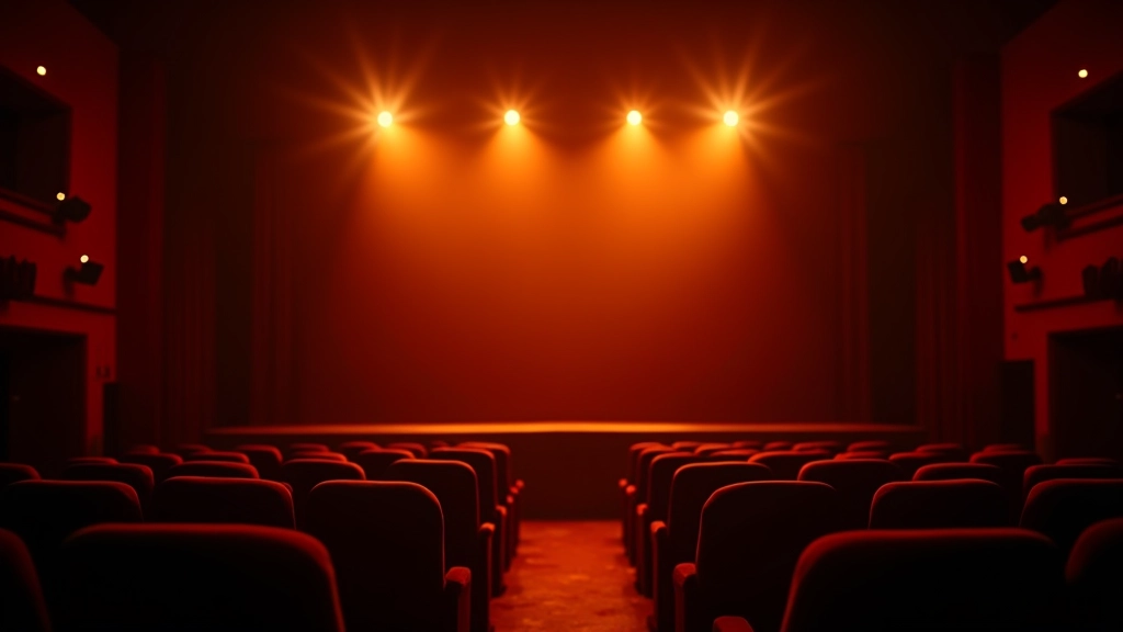 Theater stage with warm lighting, empty seats in foreground, intimate venue setting