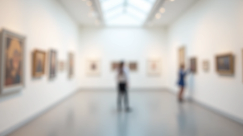 Museum gallery interior with modern paintings on white walls and soft track lighting