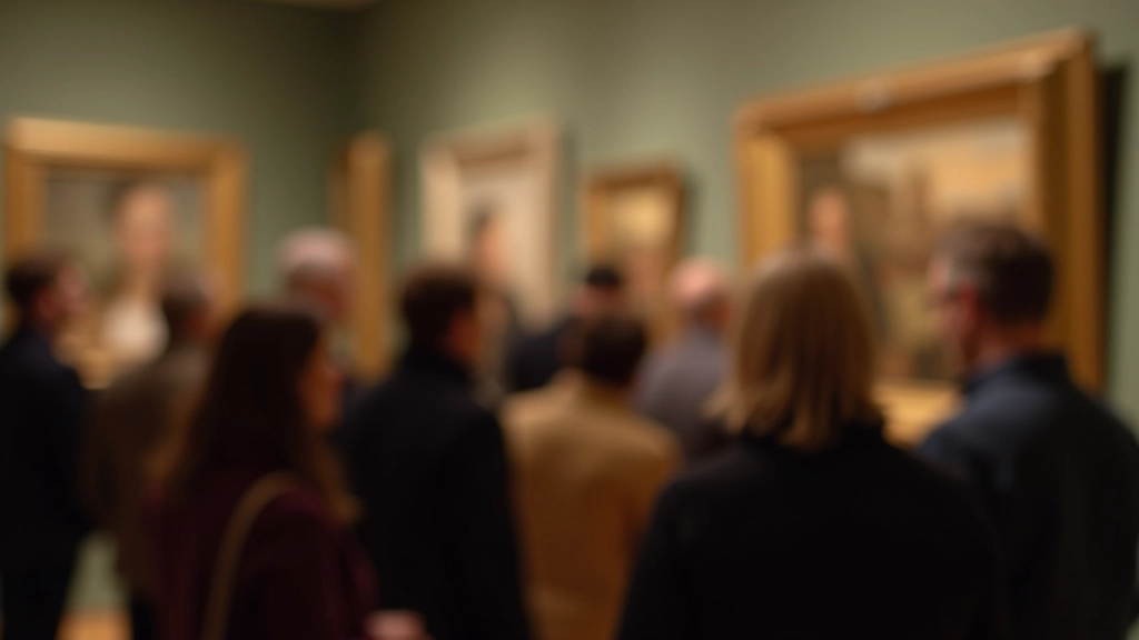 People peacefully viewing artwork in a gallery, walking slowly and observing paintings at eye level