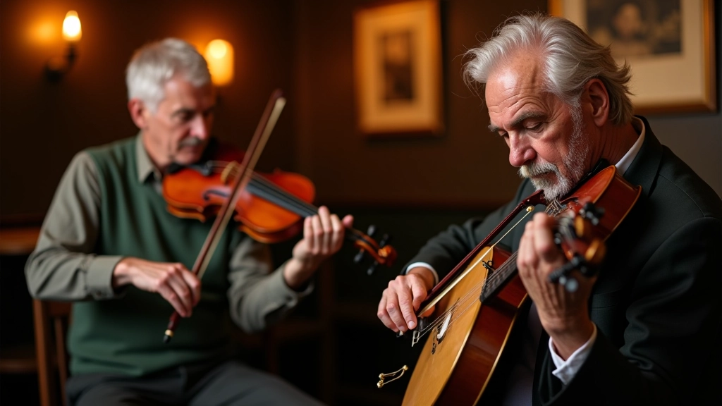 Traditional Irish musicians playing fiddles and bodhran at folk music session in pub