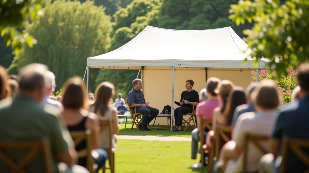 Cork literary festival garden setting with outdoor seating under white tents and author reading on stage with audience