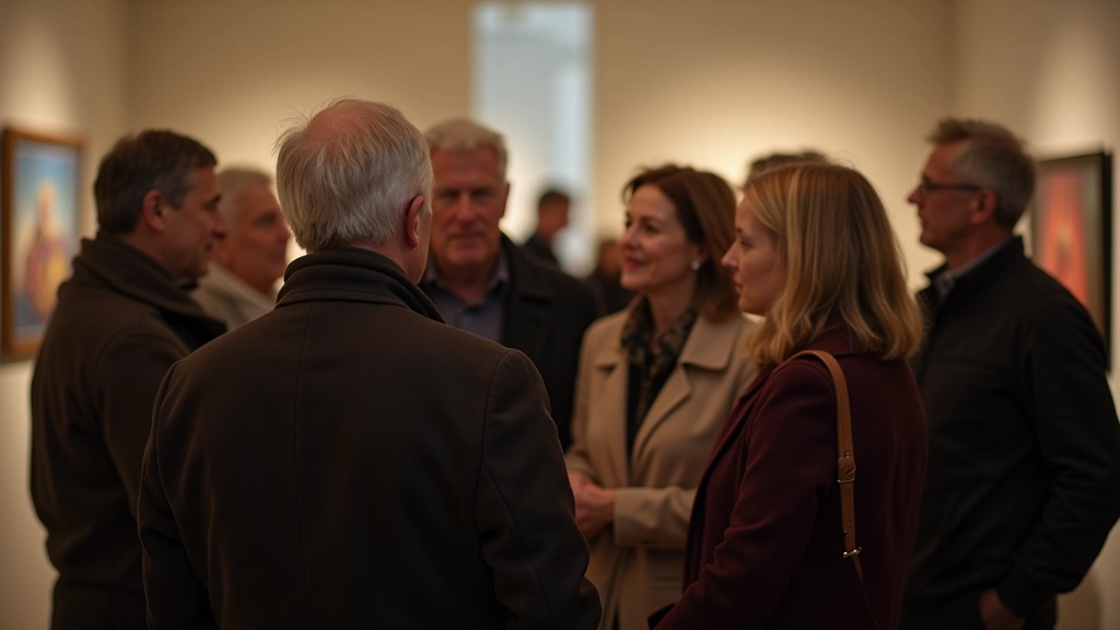 Group of mature adults discussing art at a museum exhibition