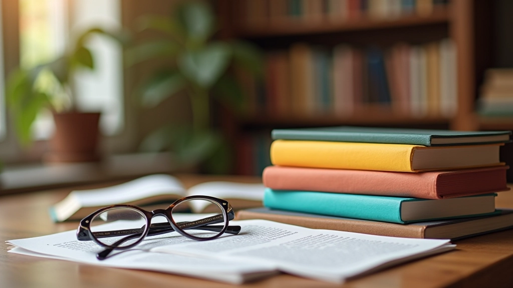 Stack of books displayed on wooden table with literary festival program and reading glasses