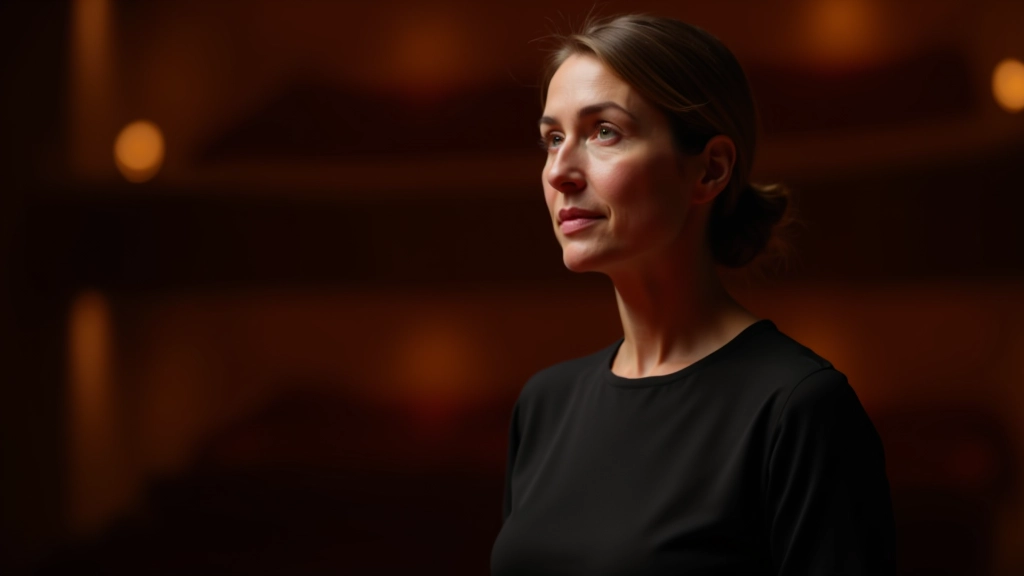 Woman in audience at theater performance, watching intently during dramatic scene