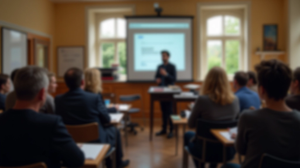 Workshop classroom setting with attendees taking notes during author presentation with projection screen behind speaker